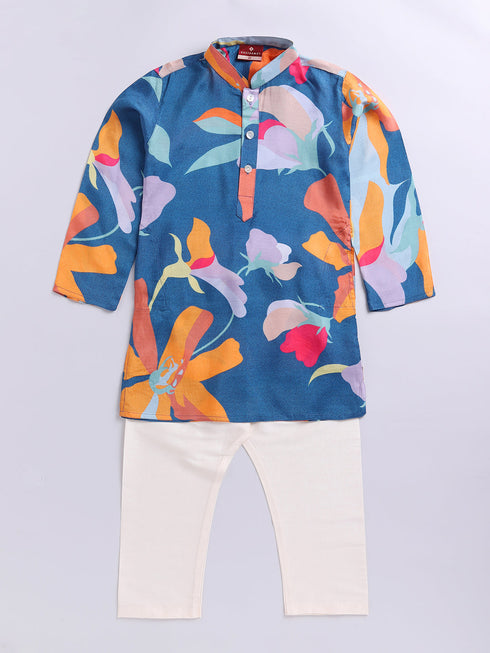Boy's Blue Floral Printed Pure Viscose Kurta Pyjama Set